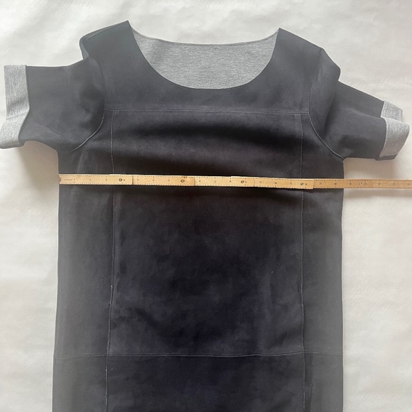 VINCE Navy Bonded Suede Night Out Navy Shift High Low Goat Leather Dress - Picture 11 of 15